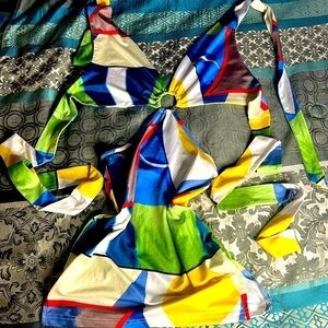 MULTI COLOR HALTER TOO AND SKIRT O-RING MINI STRAP V NECK BACKLESS DRESS